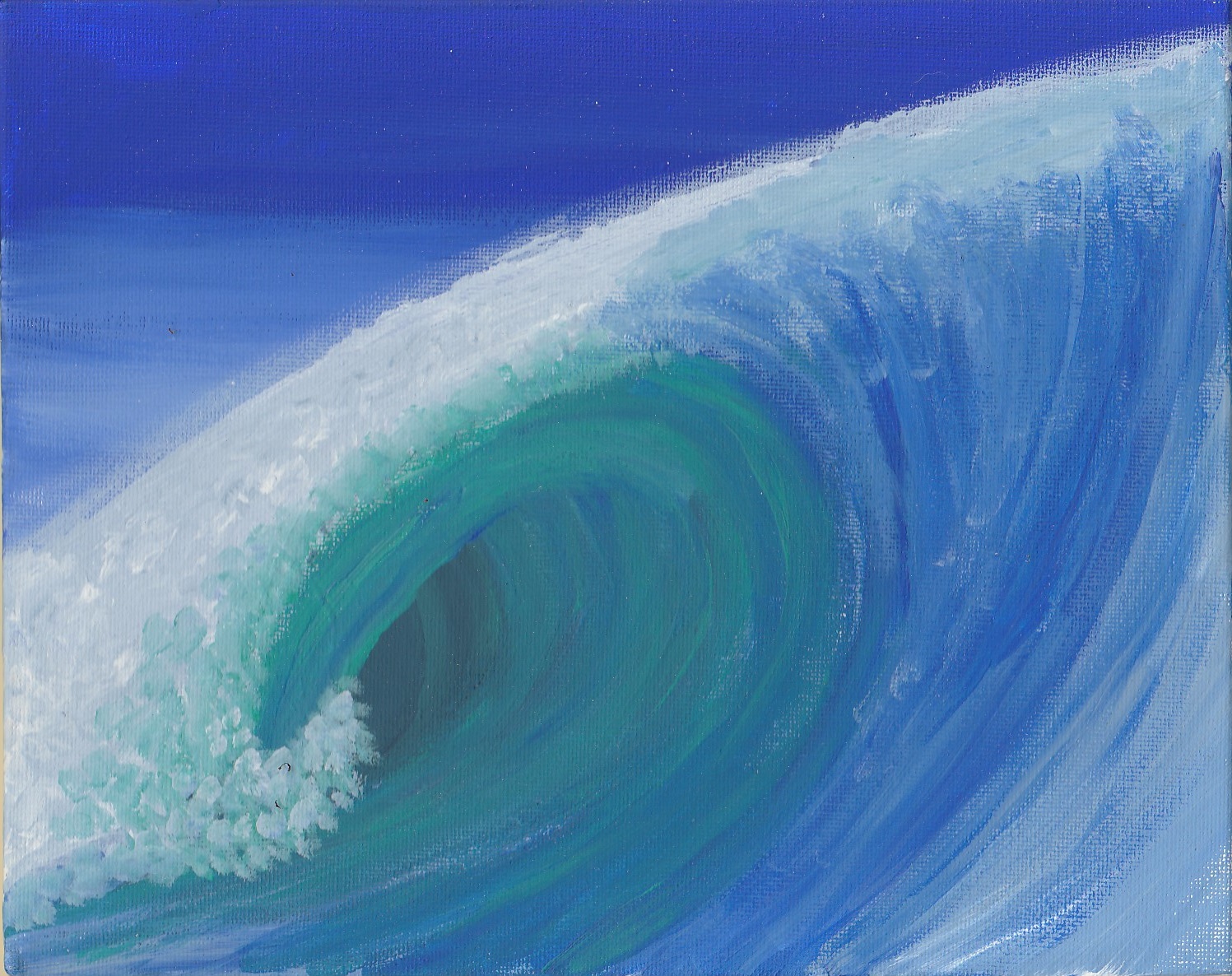 Crashing Wave — a turquoise barrel curling over with white sea spray against a deep cobalt sky
