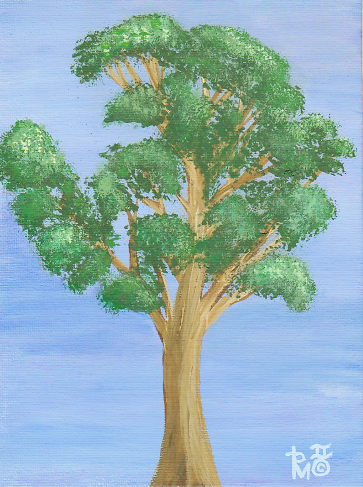 Peaceful Tree — a broad green-canopied tree with a warm tan trunk standing against a soft blue sky